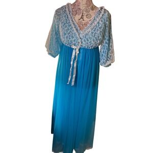Vintage COQUETTE Belle Smith Blue Lace Trim Chiffon dressing Gown set Dress M/L